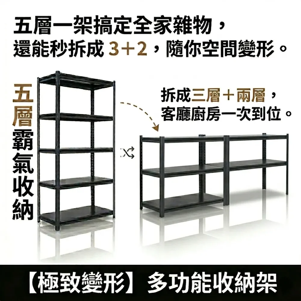 五層多功能置物架 102x42x183|單層載重 150kg|消光黑高質感|倉庫/家用 3 五層多功能組合置物架